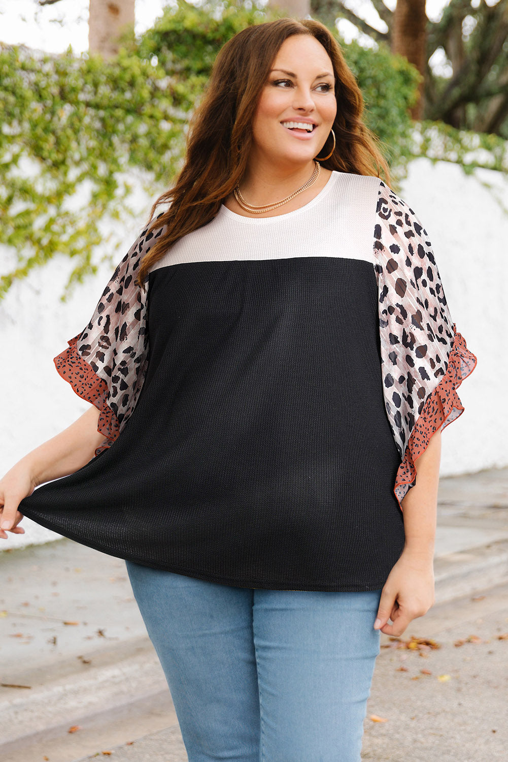 Black Waffle Knit Animal Print Ruffle Sleeves Plus Size Top-5