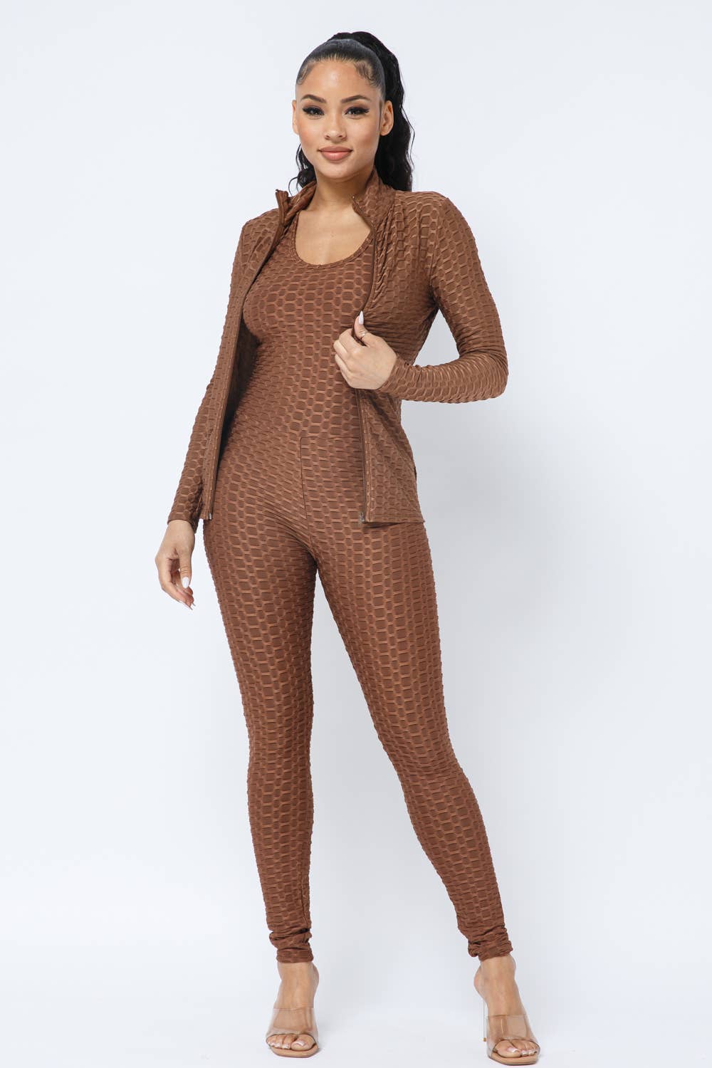 Honeycomb Cross Back Jumpsuit And Zipper Jacket Set