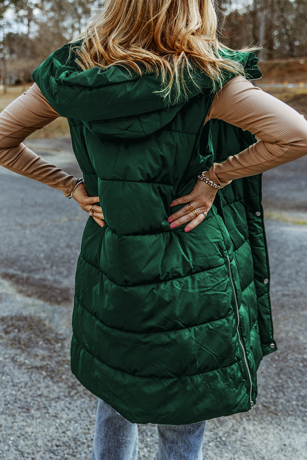 Green Hooded Long Quilted Vest Coat-1