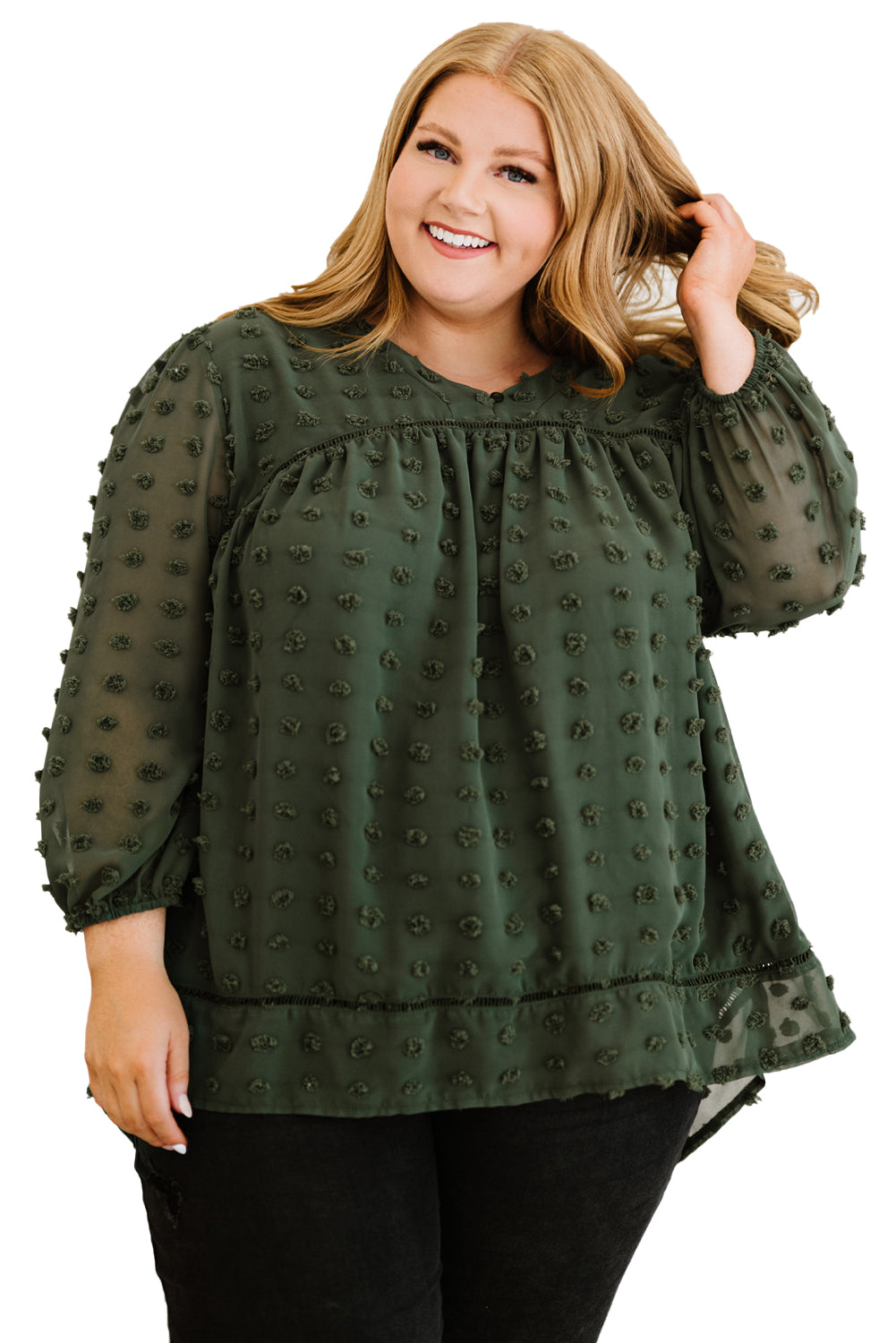 Green Boho V Neck Swiss Dot Bishop Sleeve Plus Size Blouse-6