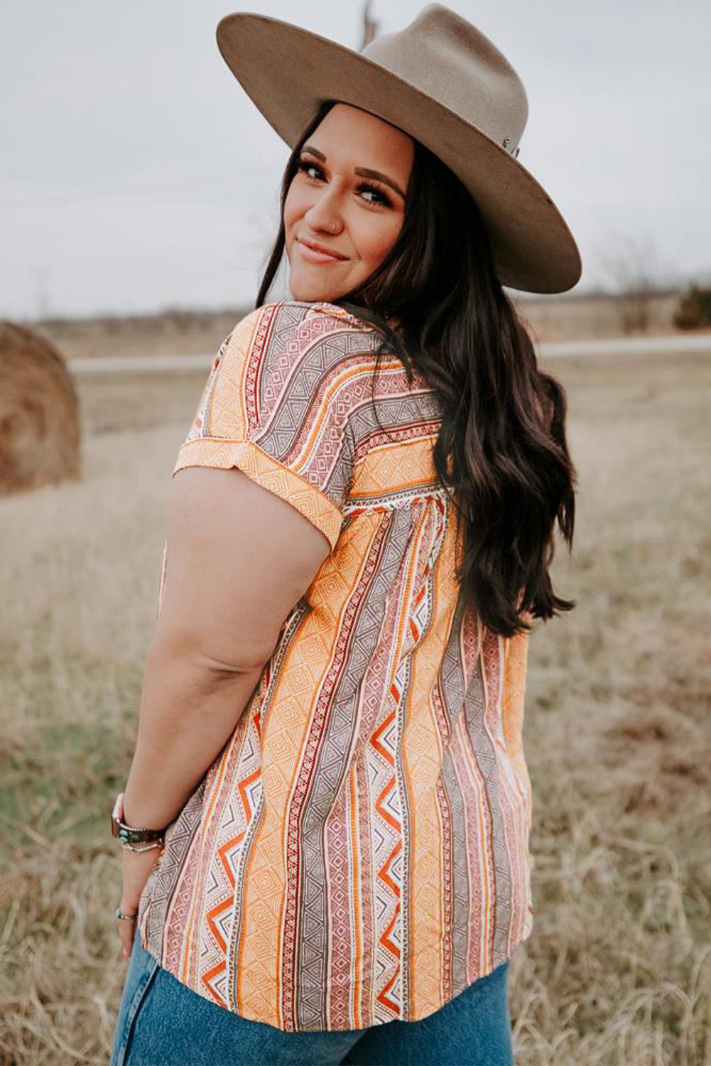 Multicolor Tribal Geometric Print Plus Size Short Sleeve Top-8