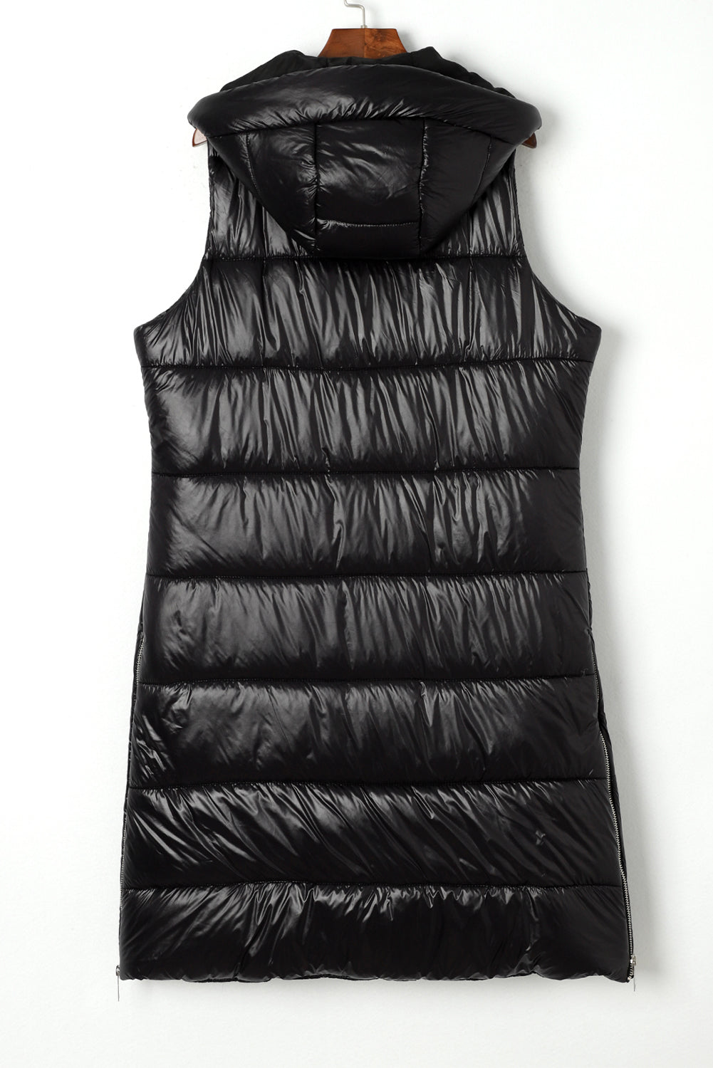 Black Hooded Long Quilted Vest Coat-7