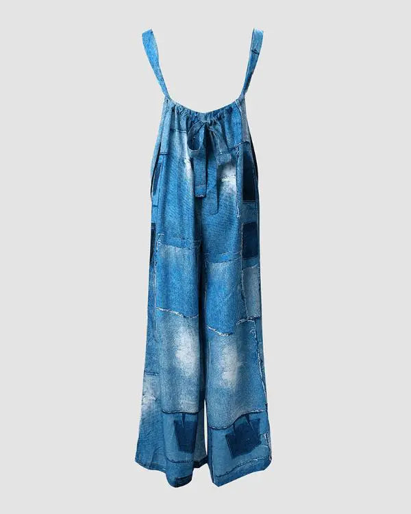 Denim Look Print Wide Leg Suspender Jumpsuit