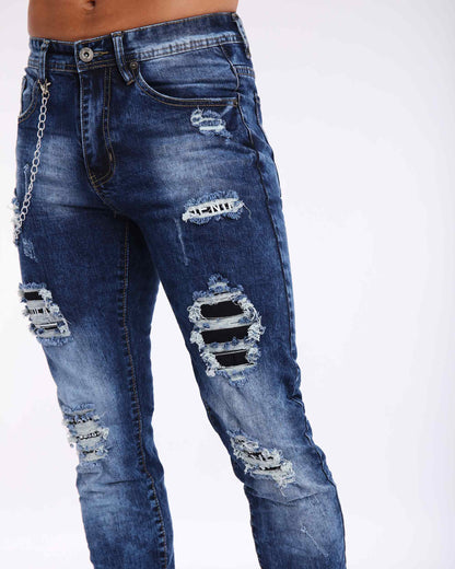 Dunkel verwaschene Slim Fit-Jeans in Blau mit Rissen