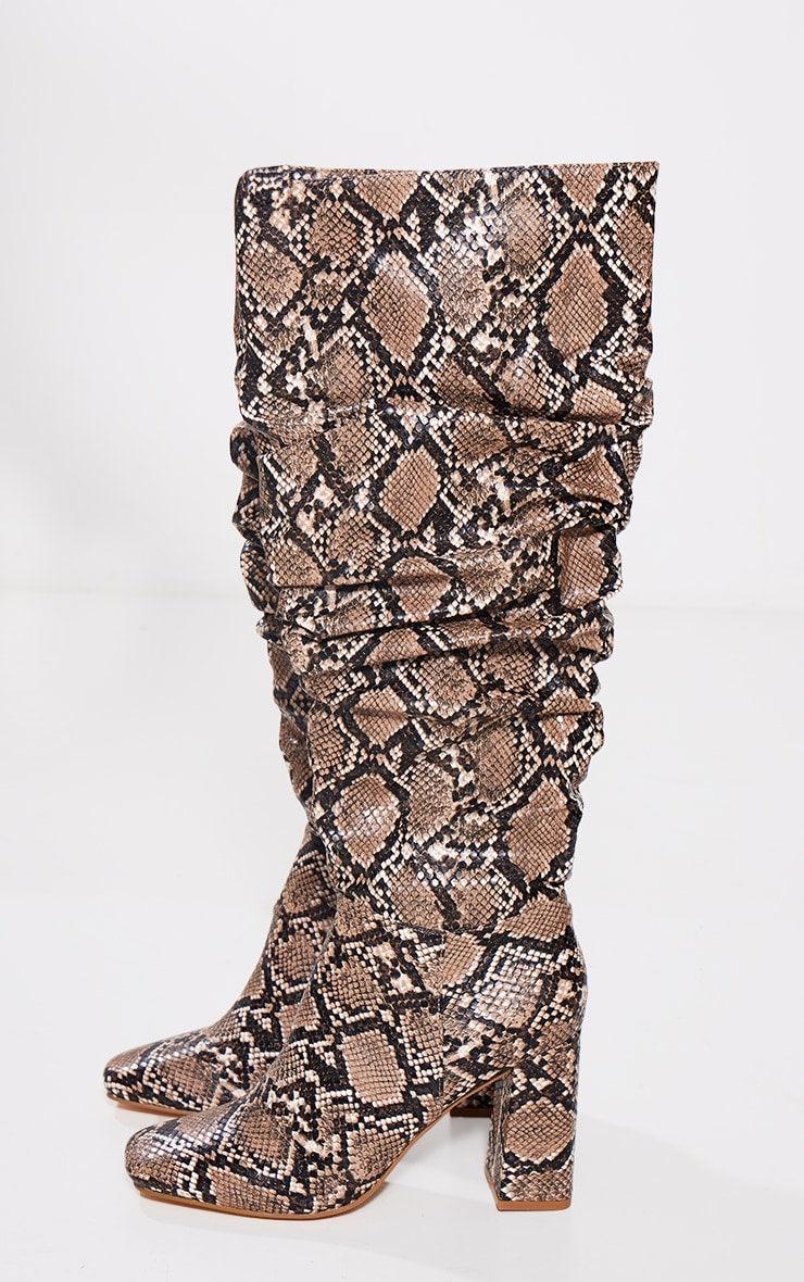 Snake Print PU Square Toe Ruched Knee High Boots