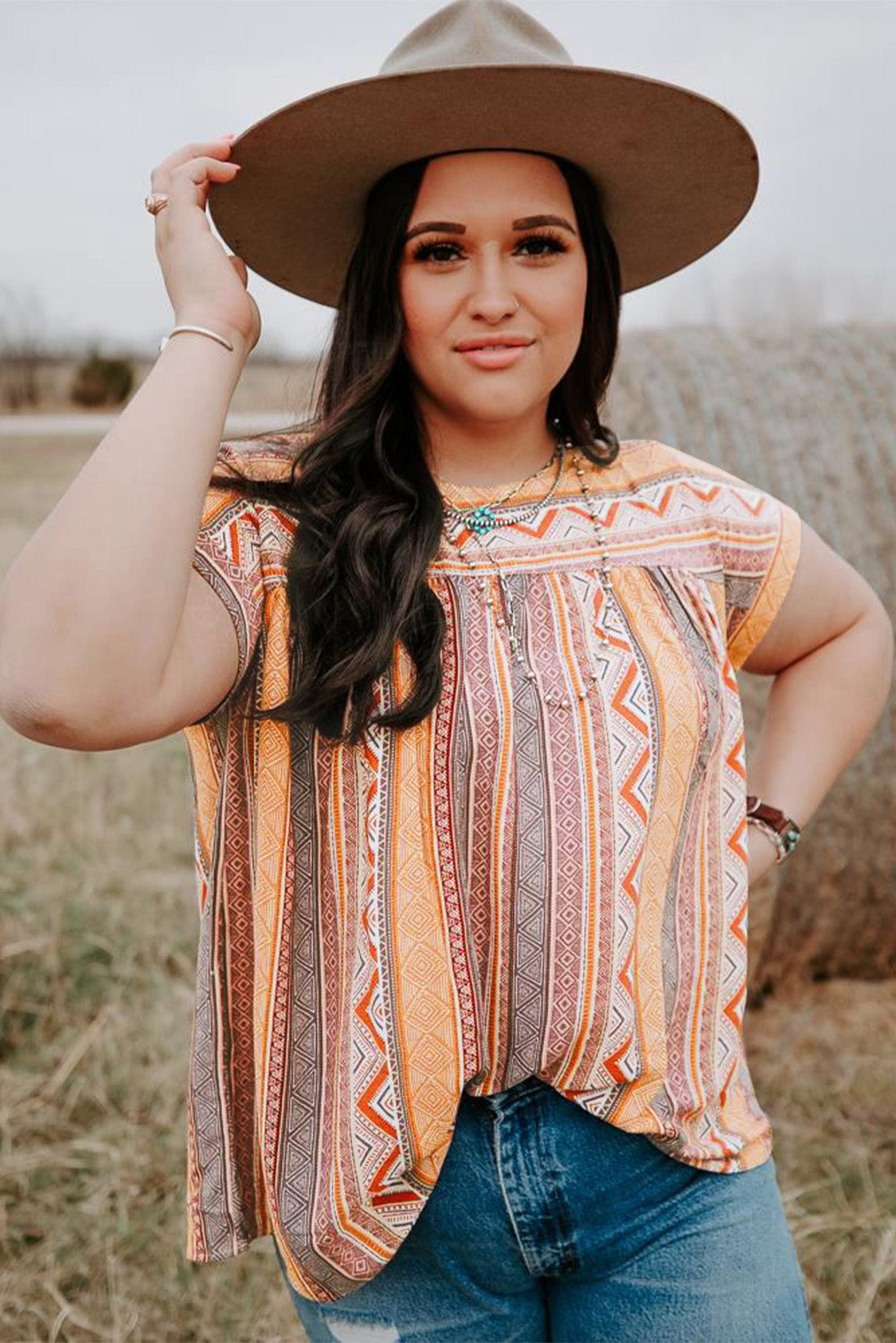 Multicolor Tribal Geometric Print Plus Size Short Sleeve Top-9