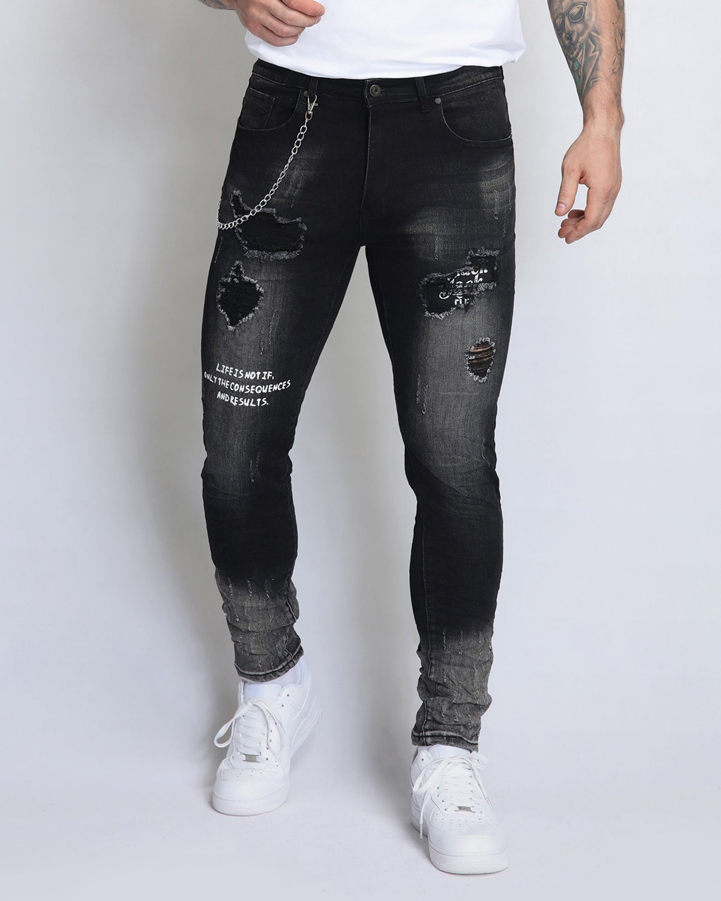 Graffiti Ripped Black Jeans with Irregular Wash