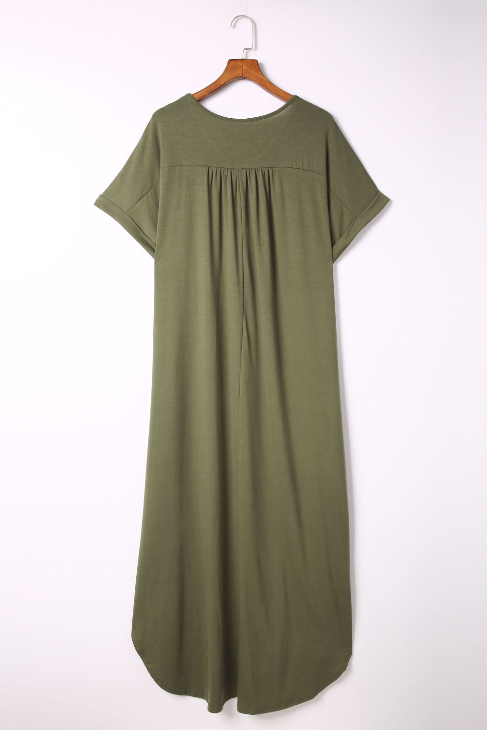 Green Plus Size V Neck Rolled Cuffs Maxi Dress-12