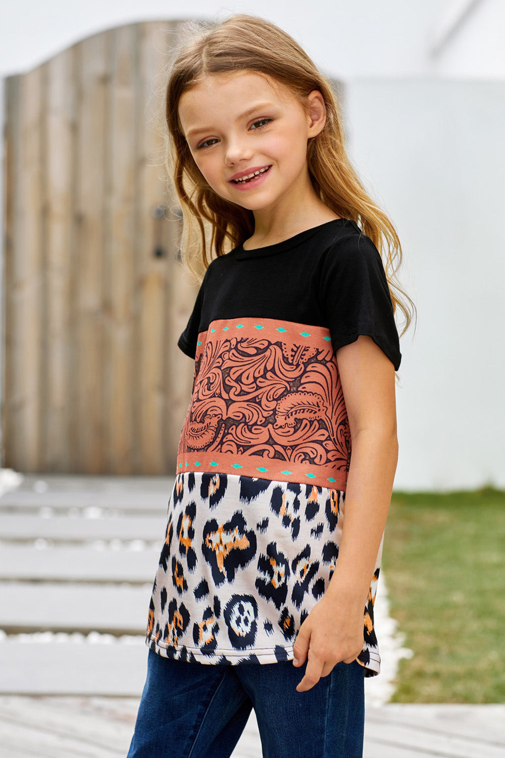 Brown Print Leopard Colorblock Girls' T-shirt-4