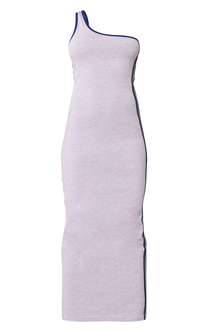 Graues Midaxi-Kleid mit One-Shoulder-Träger und Kontraststreifen