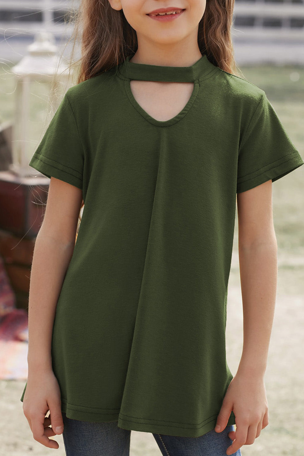 Green Keyhole Girl’s Short Sleeves Top-0