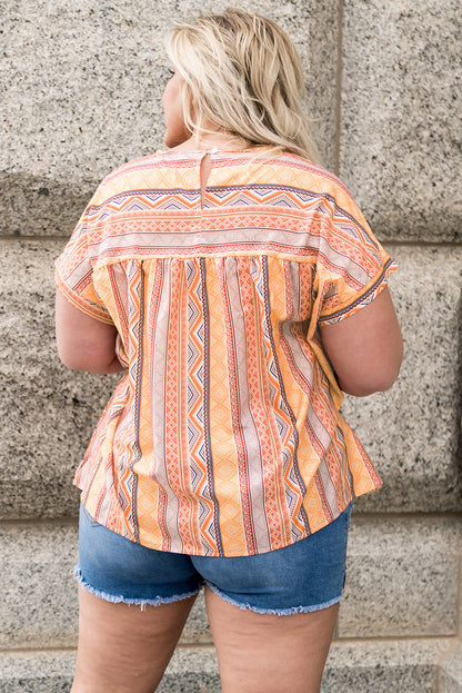 Multicolor Tribal Geometric Print Plus Size Short Sleeve Top-1