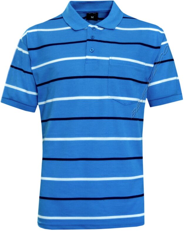 Mens Short Sleeve Striped Pique Polo Shirt Top Summer Casual with Pocket M - XXL