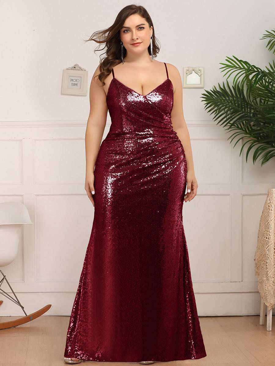 Sexy Spaghetti Straps Fishtail Sequin Wholesale Plus Size Evening Gowns