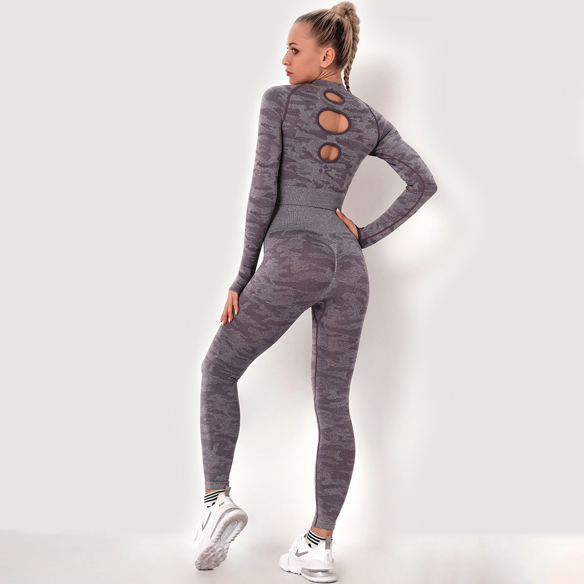 Women 2 Pieces Backless Breathable Long Sleeve Top Seamless Leggings Set Camouflage Activewear Yoga Suit