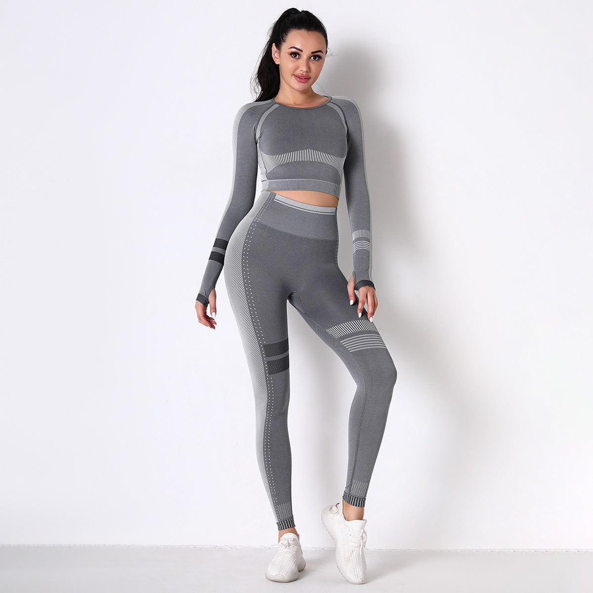 Women Dot Stripe Seamless Leggings And Long Sleeve Set Fitness Skinny Yoga Suit