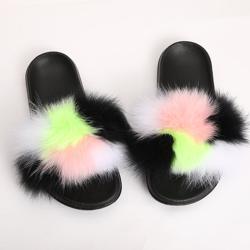 fur slides for women REAL BIG FURRY slippers flush soft raccoon outdoor slider sandals fox fur slipper