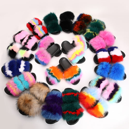 fur slides for women REAL BIG FURRY slippers flush soft raccoon outdoor slider sandals fox fur slipper