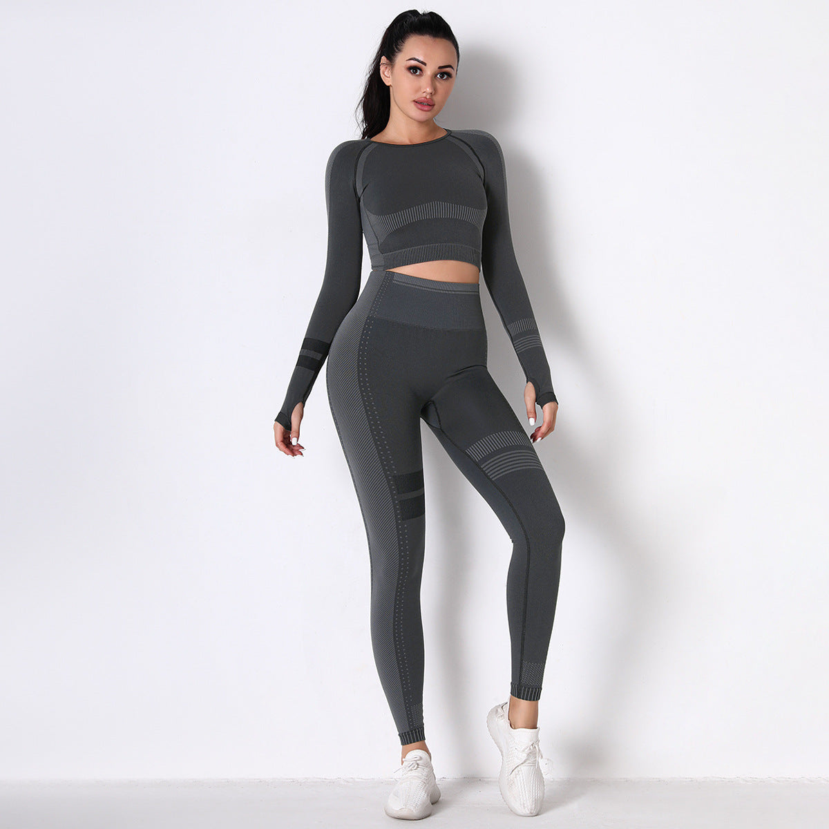 Women Dot Stripe Seamless Leggings And Long Sleeve Set Fitness Skinny Yoga Suit