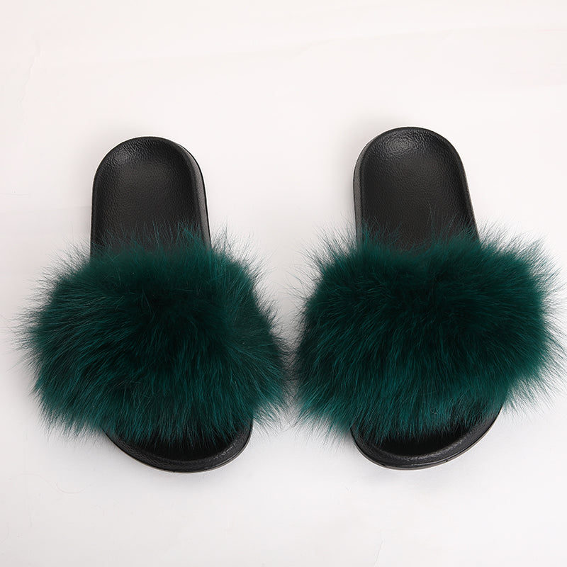 fur slides for women REAL BIG FURRY slippers flush soft raccoon outdoor slider sandals fox fur slipper