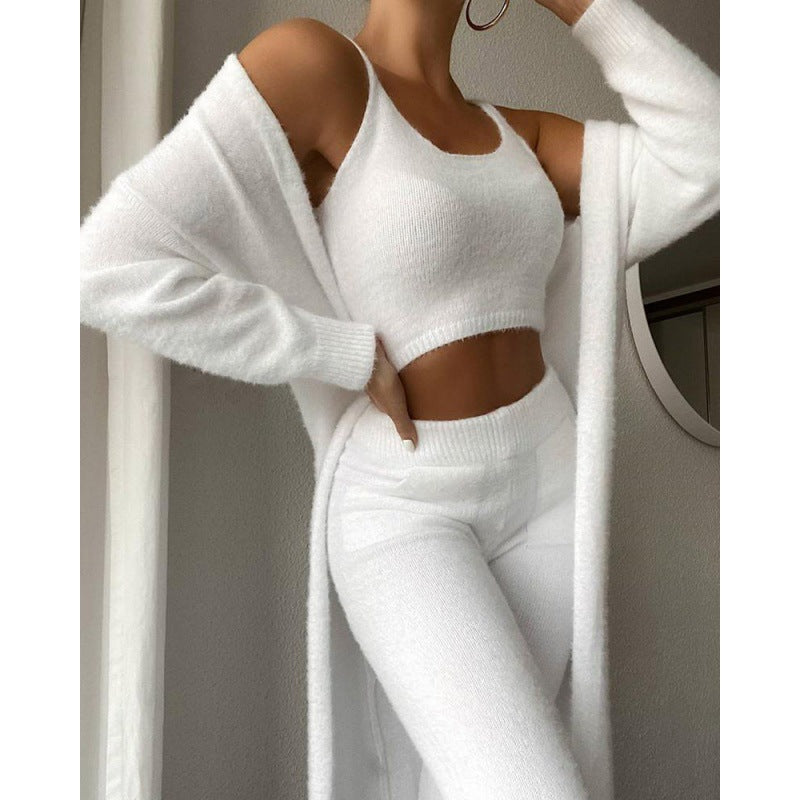 sexy V-neck plush short vest trousers three-piece set women's casual