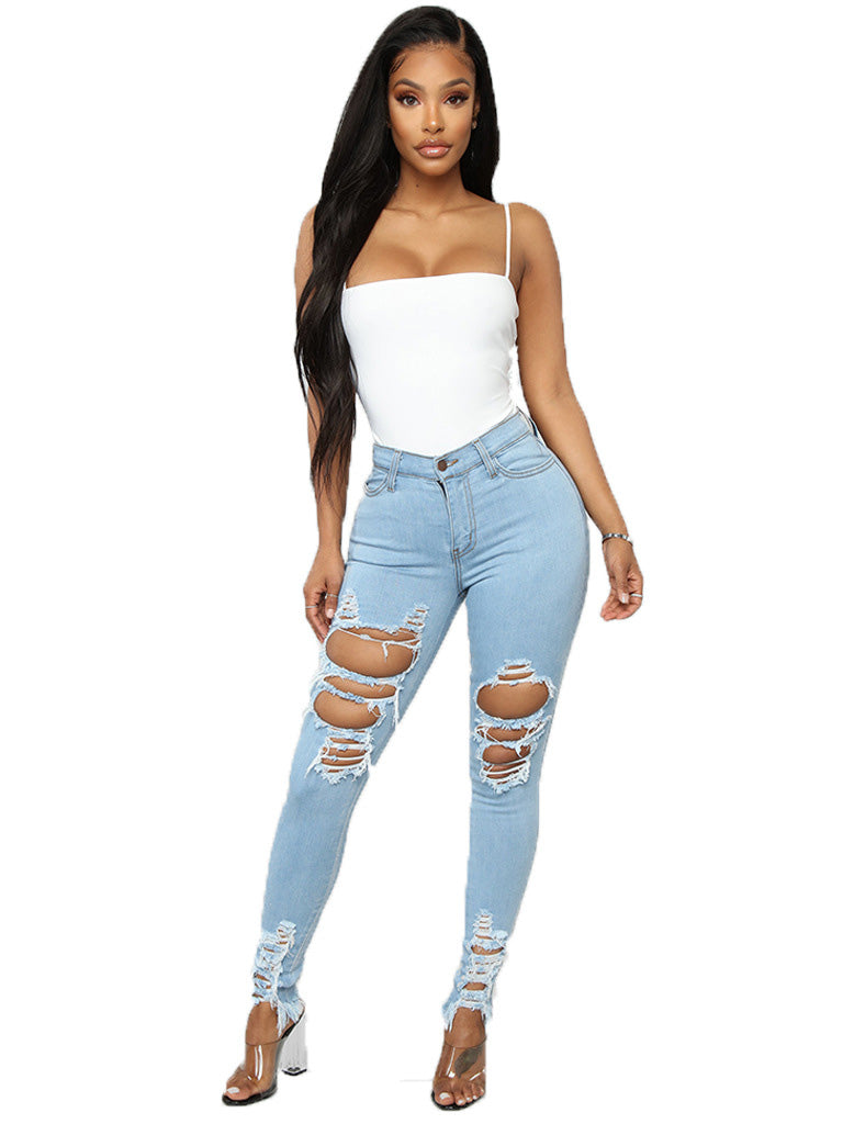 Trendy Hollow Out Solid Women Pencil Jeans