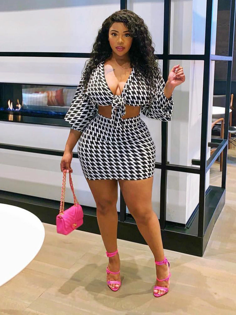 Sexy Houndstooth Two Piece Skirt Sets