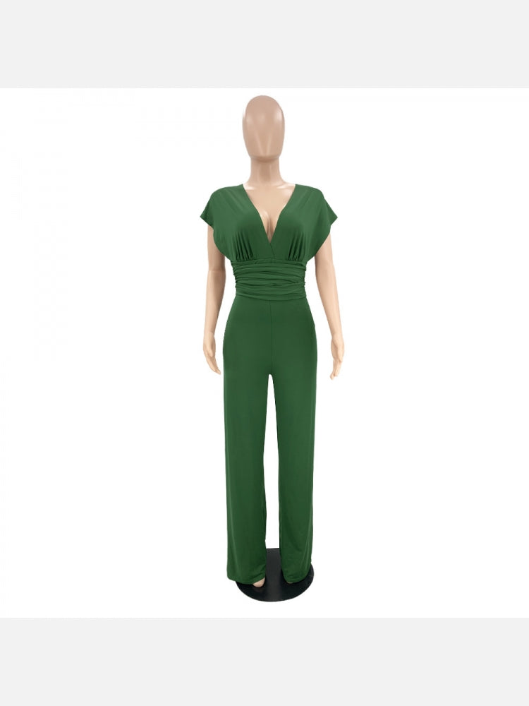 Fashionable V Neck Solid Wide Leg Jumpsuits