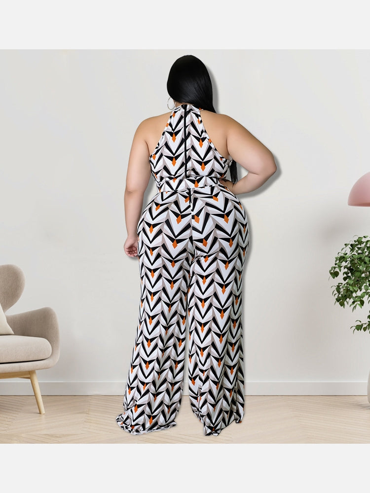 Plus Size Geometric Print  Wide Leg Sleeveless Jumpsuits