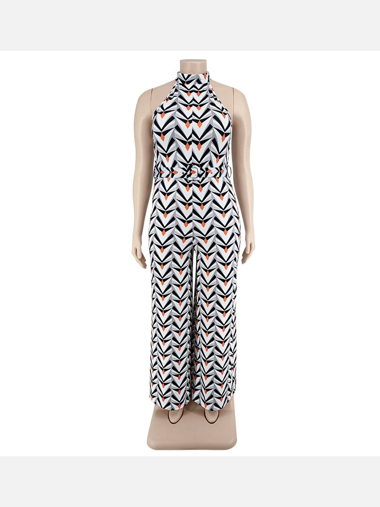 Plus Size Geometric Print  Wide Leg Sleeveless Jumpsuits