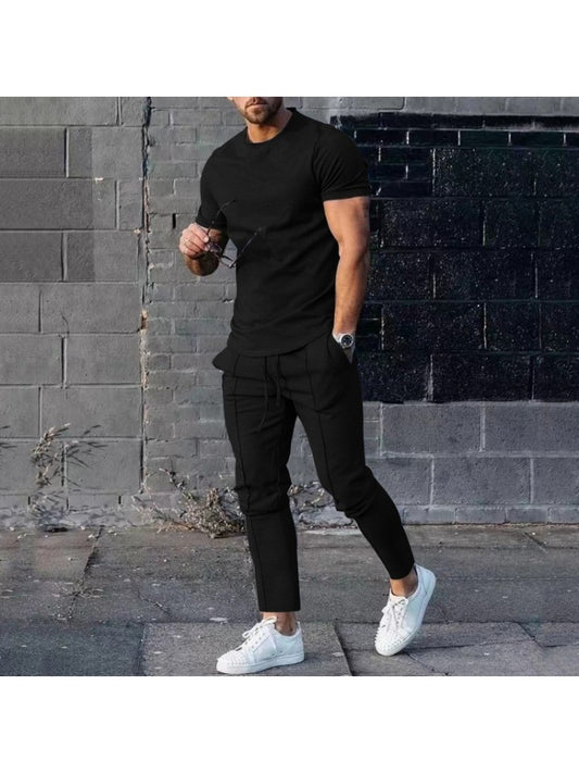 Men Solid Casual Short Sleeve Two Piece Pants Set