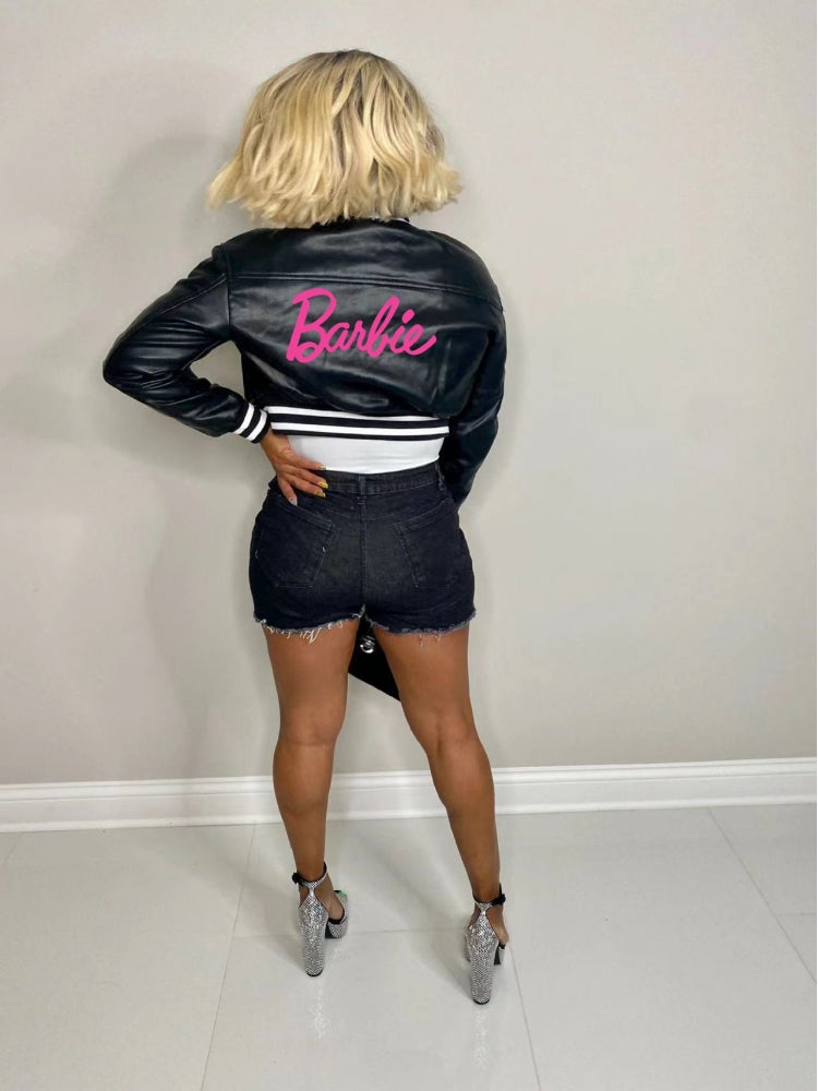 Fall Fashion PU Letter Barbie Pink Baseball Jackets