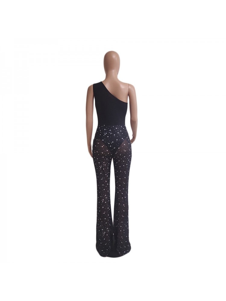 See Through Beaded One Shoulder Trouser Sets