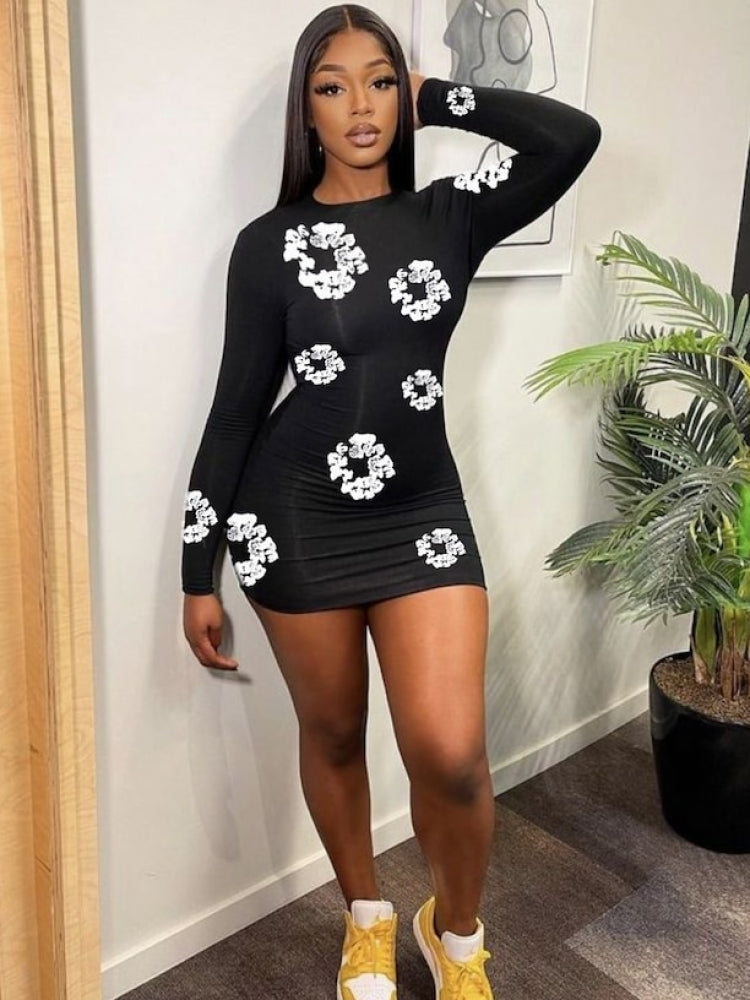 Floral Printed Fitted Long Sleeve Mini Dress