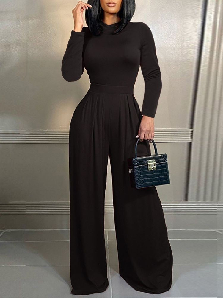 Long sleeve Stand Collar Wide Leg Jumpsuits