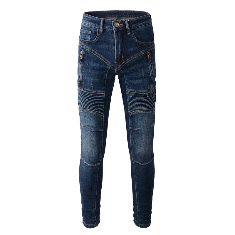 High Street Fashion Men Retro Blue Elastic Slim Fit Spliced Biker Jeans