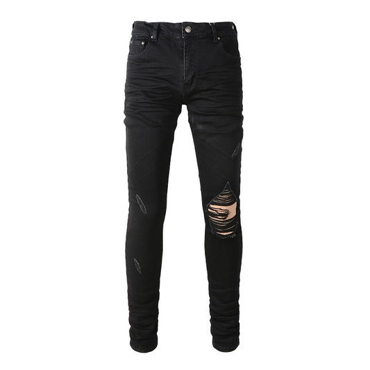 Black Distressed Regular Slim Fit Damaged Holes Super Skinny Stretch Ripped Jeans