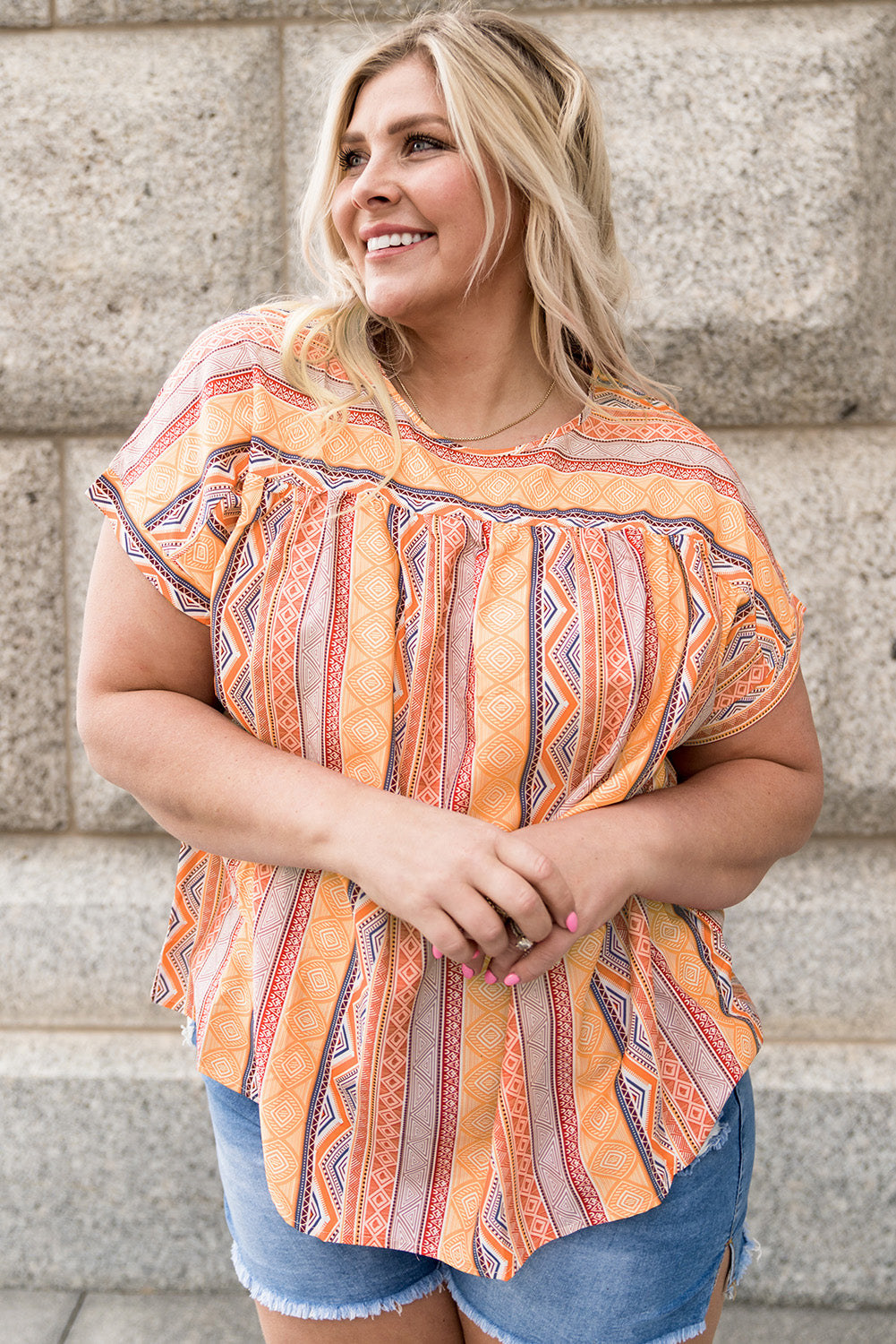 Multicolor Tribal Geometric Print Plus Size Short Sleeve Top-4
