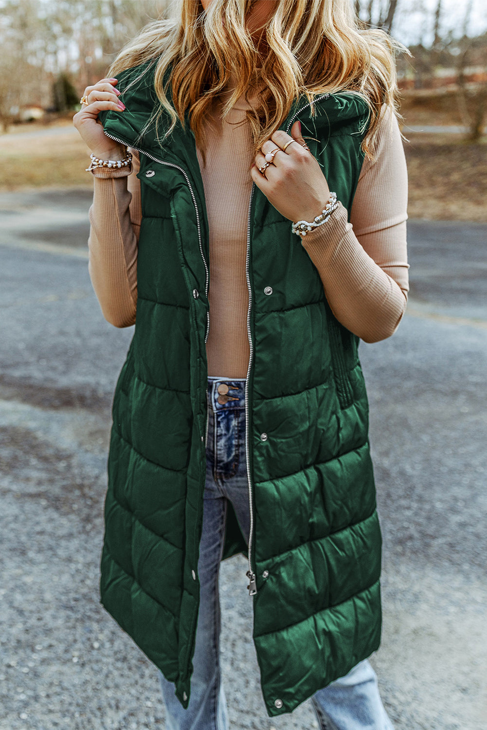 Green Hooded Long Quilted Vest Coat-2