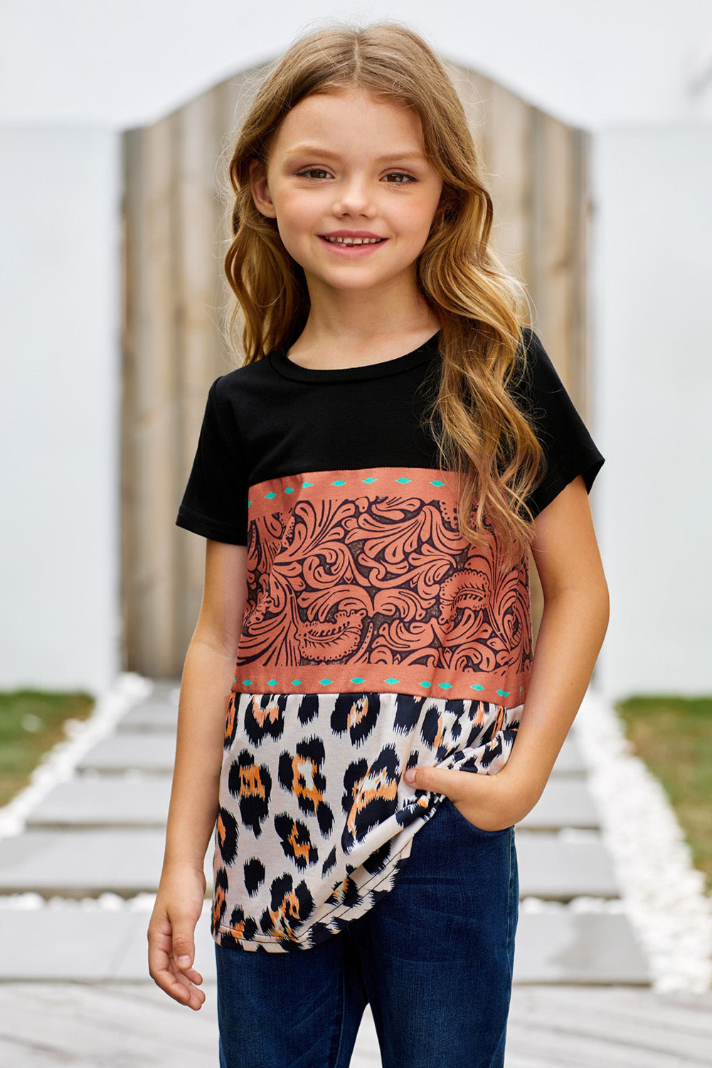 Brown Print Leopard Colorblock Girls' T-shirt-2