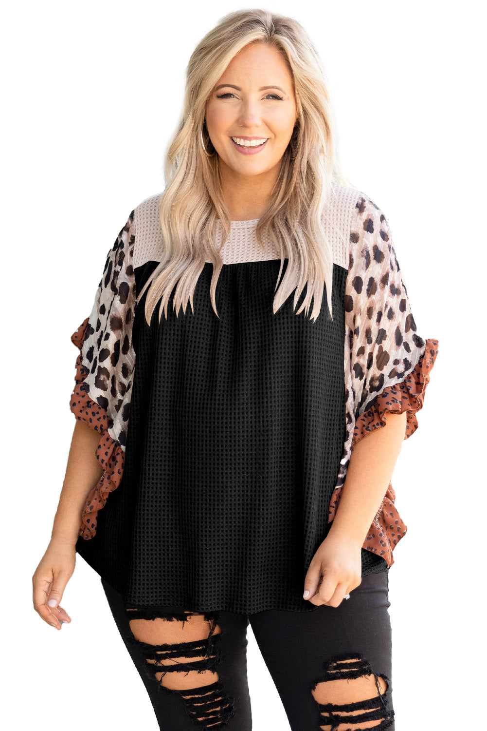 Black Waffle Knit Animal Print Ruffle Sleeves Plus Size Top-6