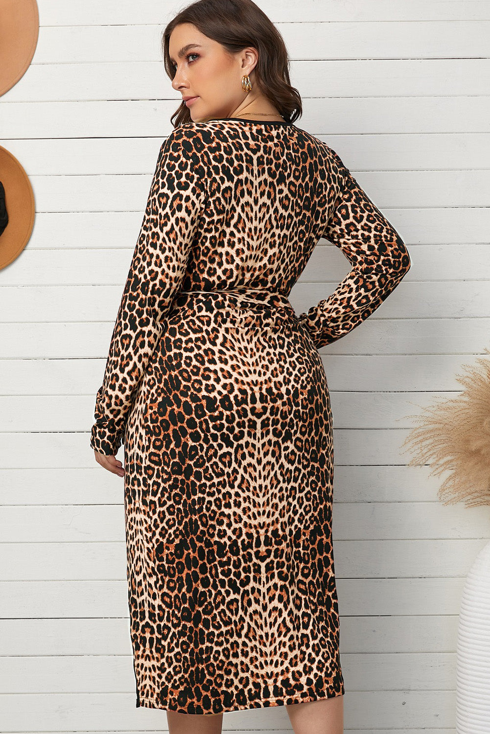 Brown Leopard Wrap V Neck Plus size Dress with A Slit-14