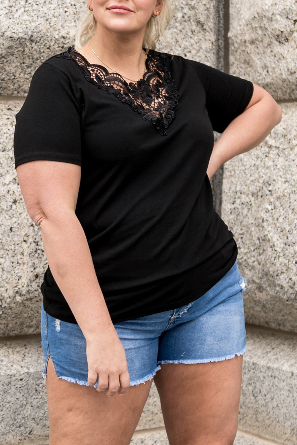 Black Plus Size Crochet Stitching Short Sleeve Top-0