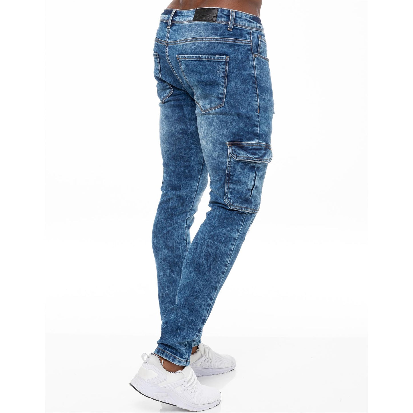 Enzo Mens Skinny Cargo Jeans Distressed Denim Stretch Fit Trousers Ripped Pants