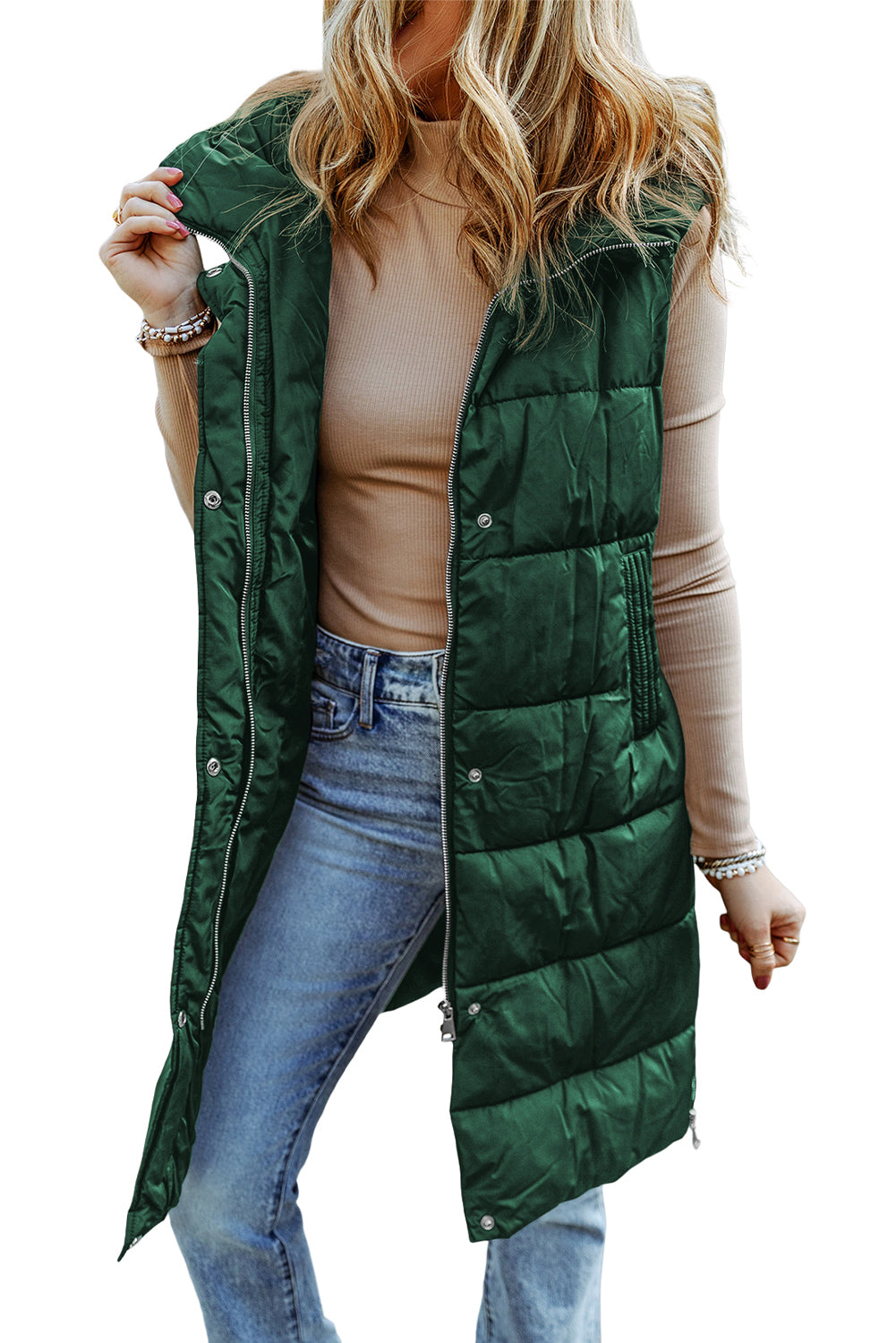 Green Hooded Long Quilted Vest Coat-4