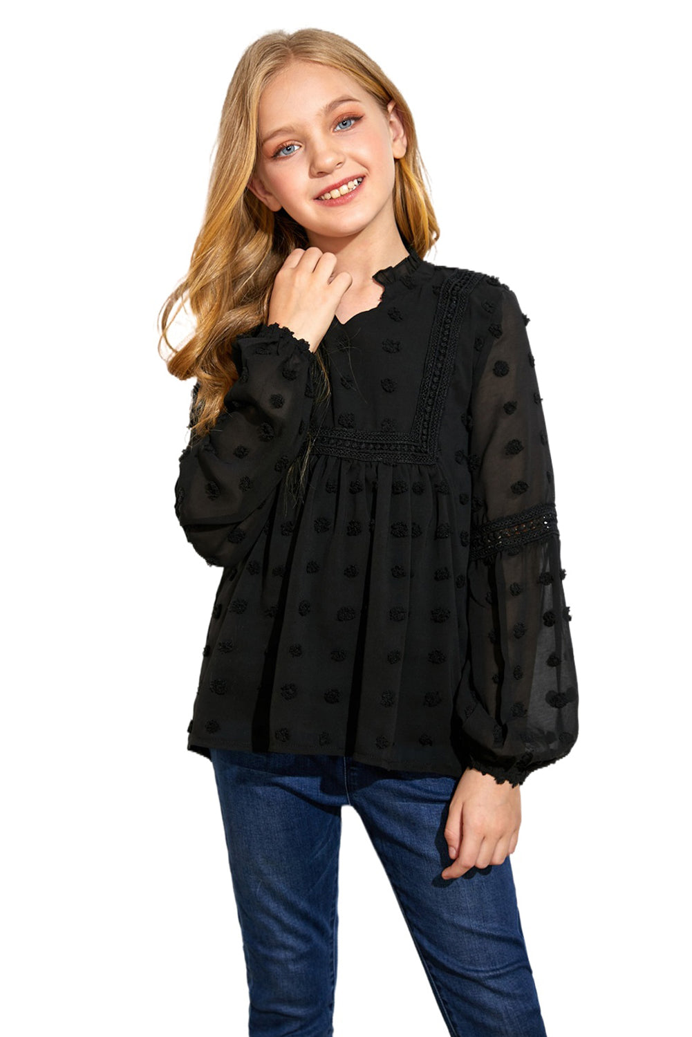 Black Split Neck Swiss Dot Little Girls' Blouse-4