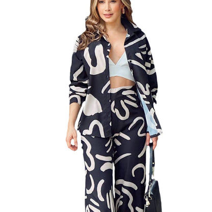 Frauen herbst und winter neue lange ärmeln gedruckt hemd hohe taille hosen mode anzug frauen
