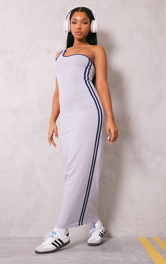 Grey Contrast Stripe One Shoulder Midaxi Dress