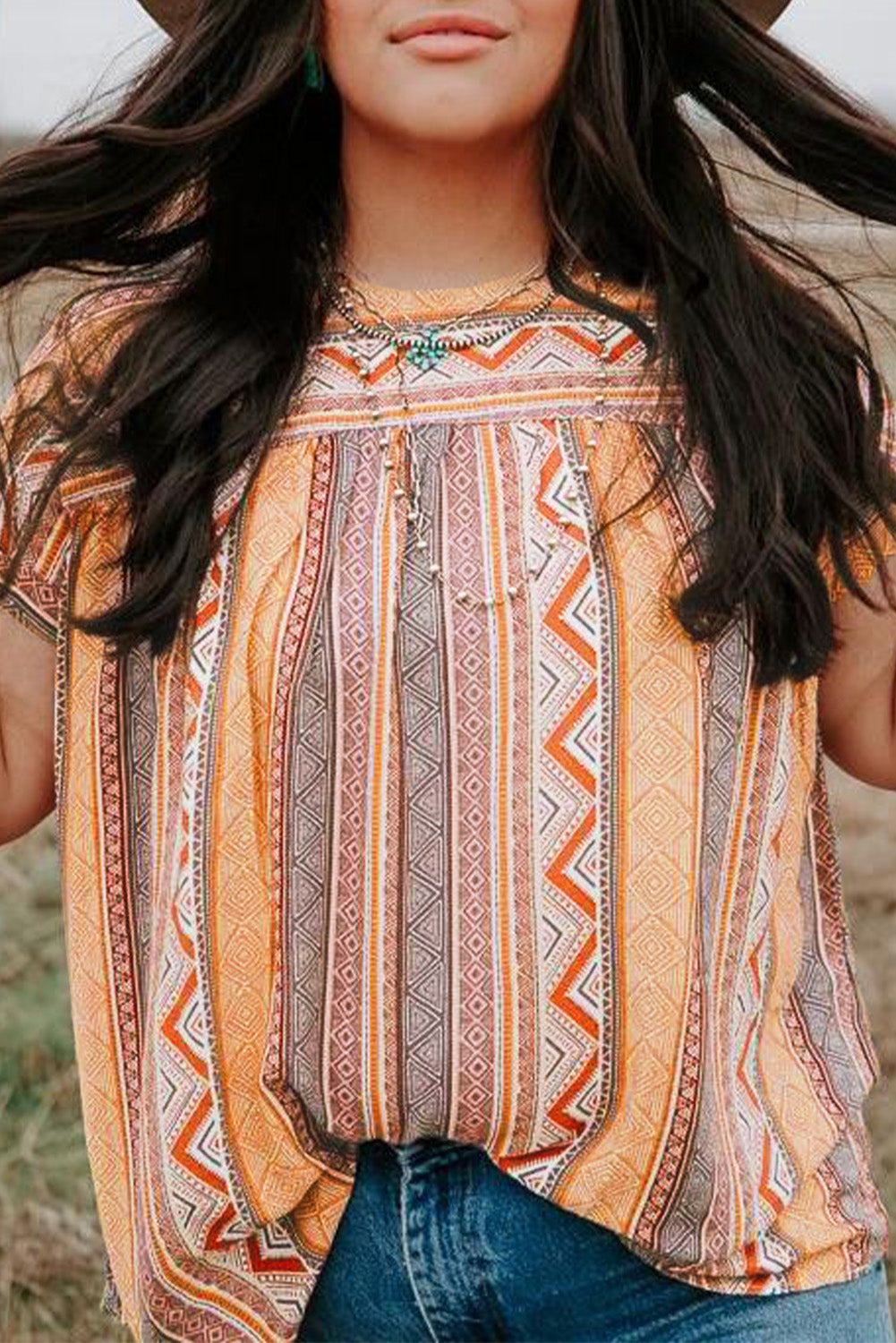 Multicolor Tribal Geometric Print Plus Size Short Sleeve Top-7