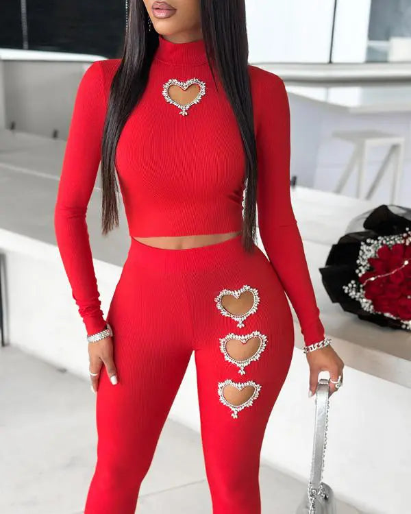 Hollow Heart Rhinestone Top & Pants Set